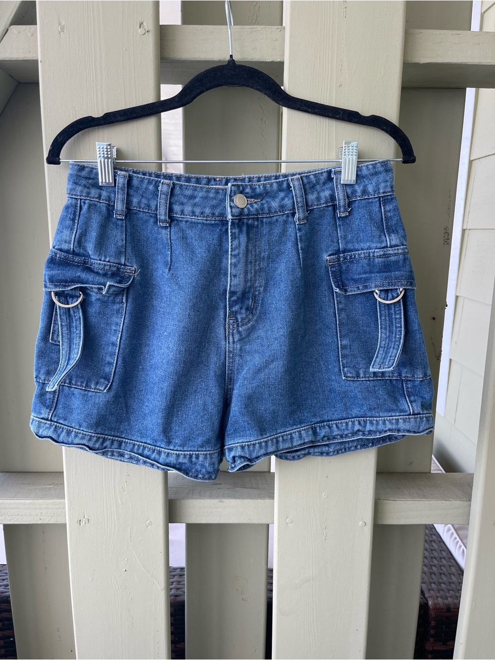 High-Rise Blue Denim Utility Shorts with D-Ring Details
